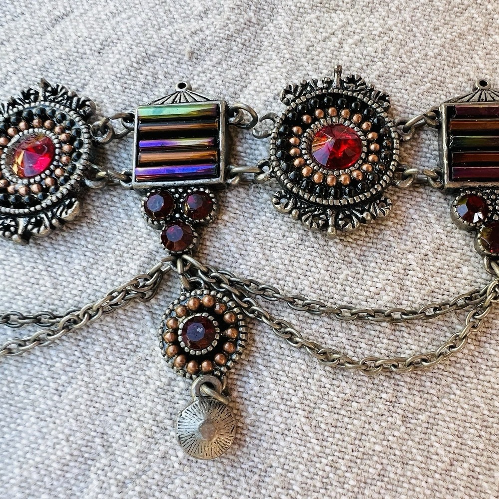Vintage Art Deco Revival Bracelet Red Rhinestones Rainbow Glass Silver Tone - Picture 5 of 8